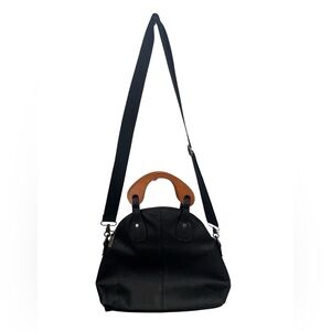 Vintage Style Black Vegan Leather Bag Wood Top Handle Boho Satchel Crossbody